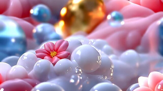 video of abstract geometric colorful background with moving glossy figures, different shapes, animation, flow, art, beauty, decorative elements, paint, pink fower