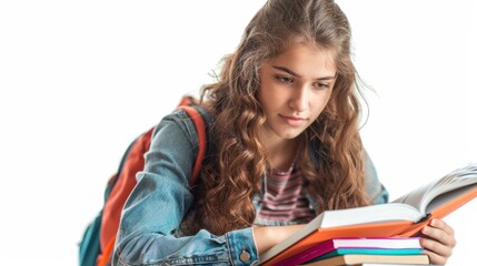Female student reviewing notes on a tablet, isolated on white background for stock purposes