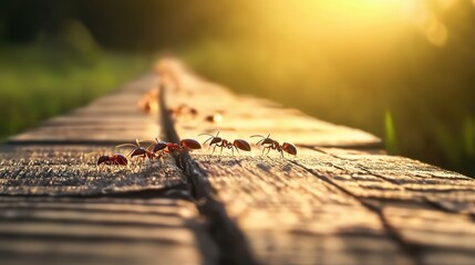Teamwork of ants carrying food back to colony cap on wooden path nature close-up sunlit environment inspiration