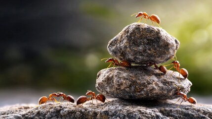 Teamwork among ants in nature building their colony on rocks in a tranquil environment close-up viewpoint of unity and hard work