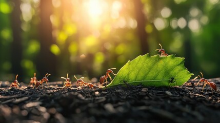 Teamwork of ants carrying a large leaf together in nature's lush environment at sunset close-up view for stunning visual impact