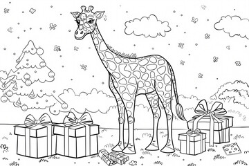 A whimsical giraffe surrounded by colorful presents in a festive, cheerful landscape.