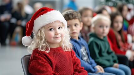 A joyful child wearing a Santa hat sits among other children, capturing the festive spirit of the holiday season.