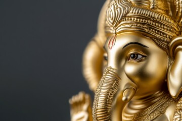 Close-up of golden ganesha statue with intricate details and calm expression