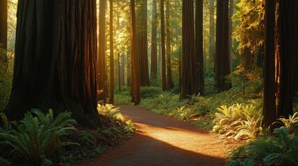serene forest path with sunlight filtering through tall trees