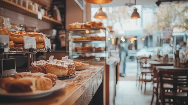 Cozy Bakery Interior with Freshly Baked Desserts and Warm Ambiance, Inviting Customers to Enjoy Delicious Pastries and Coffee in a Charming Caf&egrave; Setting