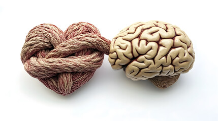 Fototapeta premium A heart and brain connected by a knot against a white background.
