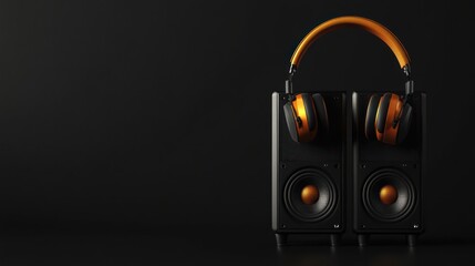 Orange headphones rest atop black stereo speakers against a dark background.