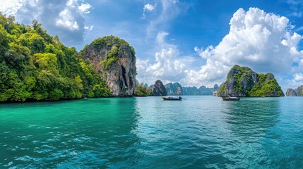 Fototapeta premium Serene Tropical Lagoon with Limestone Cliffs and Boats