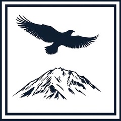 Fototapeta premium Majestic Silhouetted Eagle Soaring Above Dramatic Snowy Mountain Peaks in Minimalist Landscape