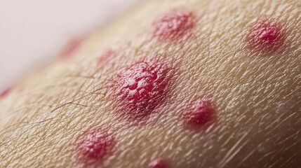 Fototapeta premium Close-Up View of Skin Condition Showing Red Bumps and Lesions, Highlighting Inflammation and Texture of Affected Dermal Layer in Clinical Dermatological Context