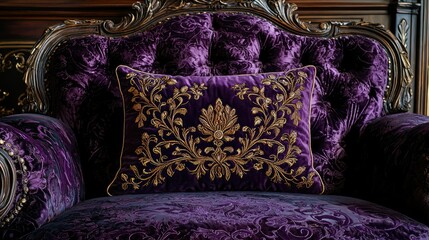 Luxurious purple velvet sofa adorned with intricate golden embroidery, featuring an elegant decorative pillow on a rich, ornate fabric backdrop, ideal for opulent interior designs.