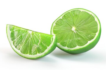 Green lime with cut in half and slices isolated on white background.