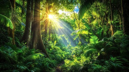 Obraz premium Sunlight Filtering Through Trees in a Deep Forest Landscape