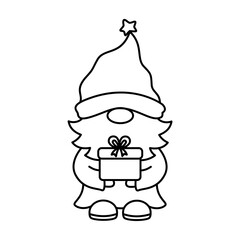 winter christmas Gnome with gift box doodle outline