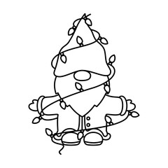 winter christmas Gnome With Christmas lights doodle outline