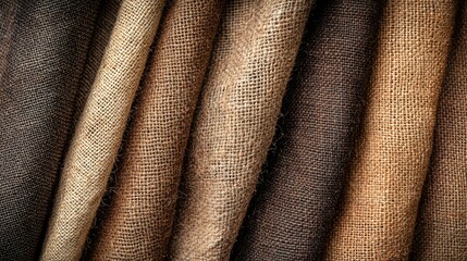 Fototapeta premium Various Shades of Natural Burlap Fabric Displayed in an Artistic Arrangement for Textural and Color Inspiration in Design Projects