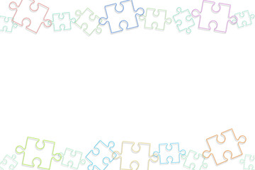 色んな大きさのパステルカラーのパズルの形をしたワイヤーのパーツが上下に並ぶフレーム