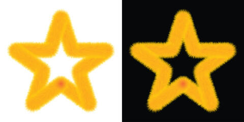 Golden tinsel star. Color vector illustration. Isolated white background. Fluffy celestial body. Star decoration. Idea for web design