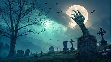 Spooky Graveyard at Night with Zombie Hand, Bats, and Full Moon V10
