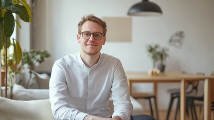 Fototapeta premium Portrait of a young man with glasses seated in a cozy modern living room, smiling and looking directly at the camera with a welcoming expression