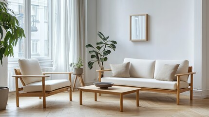 Fototapeta premium Modern minimalist living room design featuring light wooden furniture, cozy seating, and indoor plants creating a serene and inviting atmosphere for relaxation and comfort