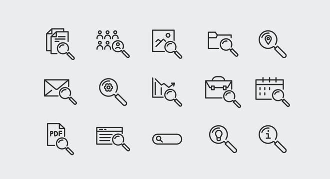 Search icons. Set of 15 trendy minimal search icons including magnifying glass on documents, people, folders, images, calendars. Examples: Document, Group, Folder, Image, Mobile. Vector illustration