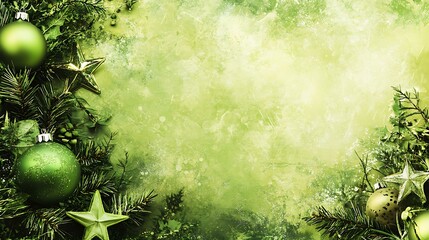 A cheerful holiday design in vibrant green hues featuring festive decorations and a blank space for ads or announcements