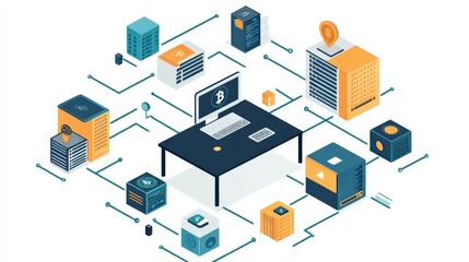 Obraz premium Financial Analyst Desk with Blockchain Diagrams