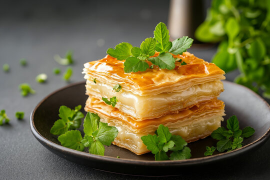 A stack of baklava on a plate with mint leaves on top