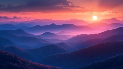 Fototapeta premium Scenic View of Blue Ridge Mountains at Sunset With Vibrant Sky Rolling Hills Covered in Autumn Colors
