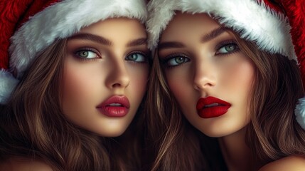 Naklejka premium Two Stunning Women Wearing Santa Hats Smiling Against a Festive Background Highlighting Joy Holiday Spirit