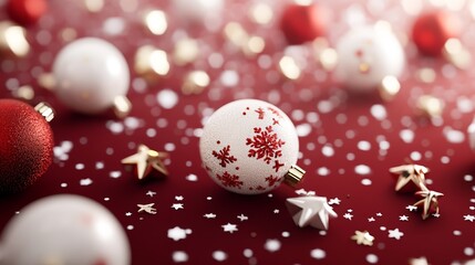 Festive Minimalist Red White Christmas Ornaments With Snow Against a Bright Background