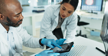 Science, team and tablet in lab for discussion, brainstorming and innovation for medicine...