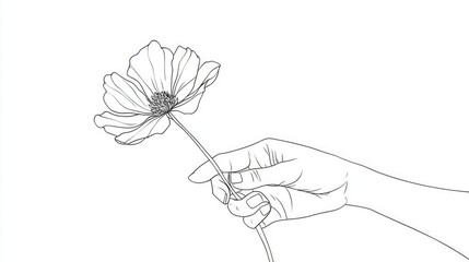 Delicate Hand Holding a Single Flower in Minimalist Line Art Style, Captivating Nature's Elegance and Beauty in Simple Sketch Representation