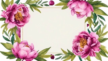 Fototapeta premium Watercolor peonies and leaves, painted delicately, encase a blank space, suitable for Mother's Day cards or invitations, celebrating affection and thankfulness.