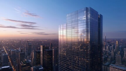 Fototapeta premium Stunning Sunset Over a Modern Urban Skyline with Reflective Glass Facade of a Skyscraper, Illuminating City Buildings Below and Dramatic Clouds Above