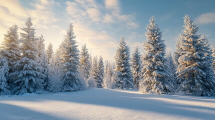 Fototapeta premium Winter Landscape with Snow-Covered Trees Soft Sunlight Creating a Peaceful Scenic Scene