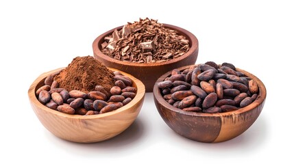 Obraz premium Cocoa beans, powder and chocolate shavings in wooden bowls on white background.
