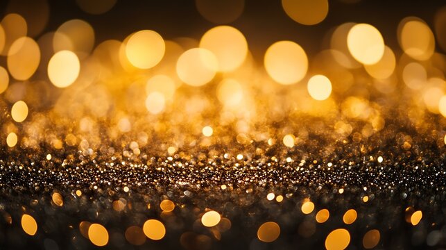 A festive glitter light background in warm golden hues with soft glowing particles scattered across a dark gradient