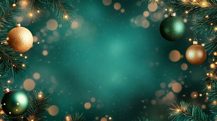 A festive holiday design in green shades with glowing bokeh effects and a central blank area for ads