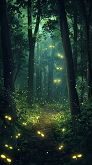 Enchanting firefly path in a mystical forest.