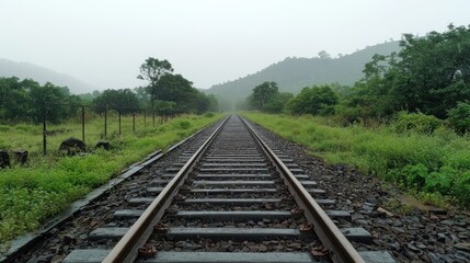 Obraz premium Rain-soaked railway tracks extending into a misty landscape.