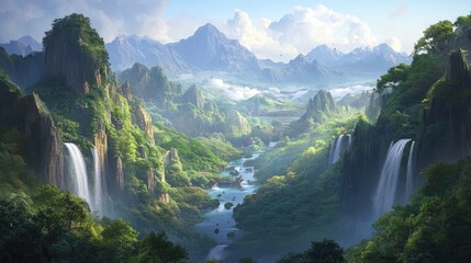 Naklejka premium Serene Waterfall Valley in a Fantasy Landscape