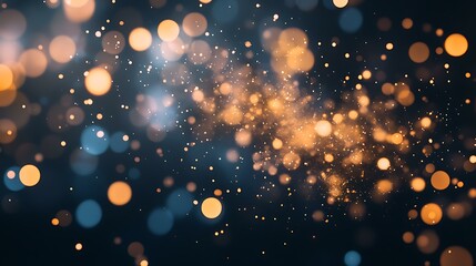 A glowing golden fireworks explosion with shimmering trails and soft bokeh lights scattered on a rich black background