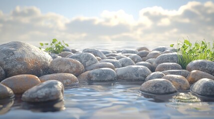 Fototapeta premium Calm water gently reflects sunlight on smooth stones surrounded by greenery in a serene natural setting