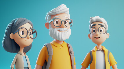 A 3D-animated family of three, including an elderly man, woman, and young adult, wearing backpacks and smiling against a blue background