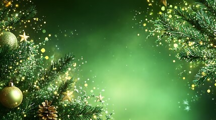 A glowing green Christmas background with shimmering decorations and a blank space for promotional text