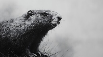 Close-up monochrome portrait of a marmot, perched amidst grass, gazing intently.