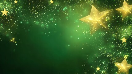 A glowing green holiday background with golden stars and an open area for advertisements or holiday greetings